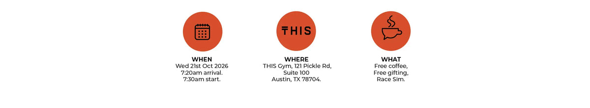 When: Wed 21st Oct 2026, 7:20am arrival, 7:30 am start. Where: THIS Gym , 121 Pickle Rd, Suite 100, Austin, TX