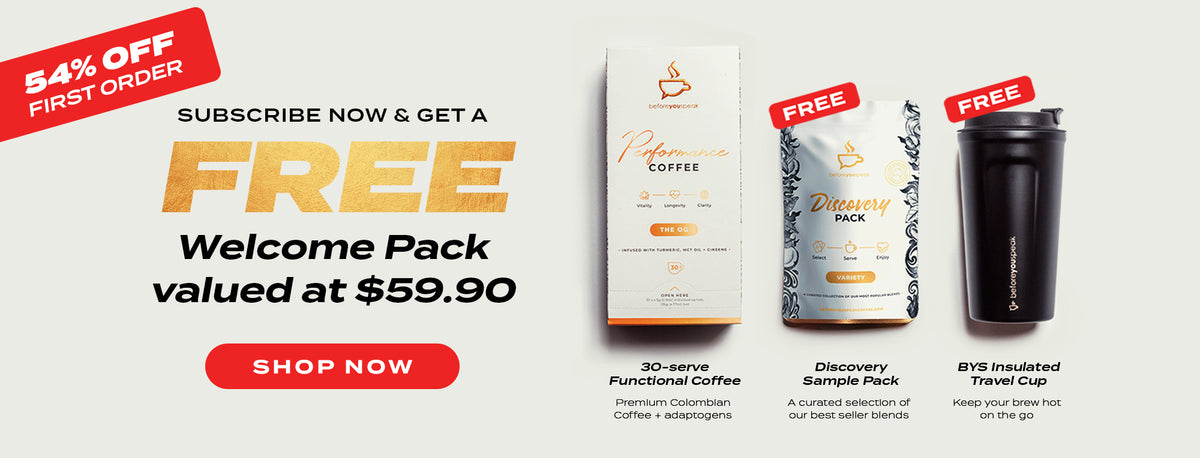 Promotional banner for a coffee subscription offer showing a welcome pack deal. The graphic features a red '54% OFF FIRST ORDER' ribbon, text reading 'SUBSCRIBE NOW & GET A FREE Welcome Pack valued at $59.