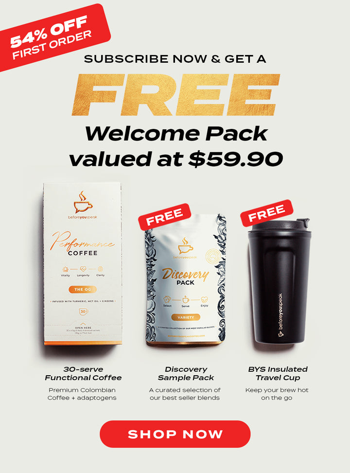 Promotional banner for a BYS coffee subscription offer, featuring a 30-serve functional coffee box, a Discovery Sample Pack, and a black BYS insulated travel cup. The image includes promotional text such as '54% OFF FIRST ORDER', 'SUBSCRIBE NOW & GET A FREE Welcome Pack valued at $59.