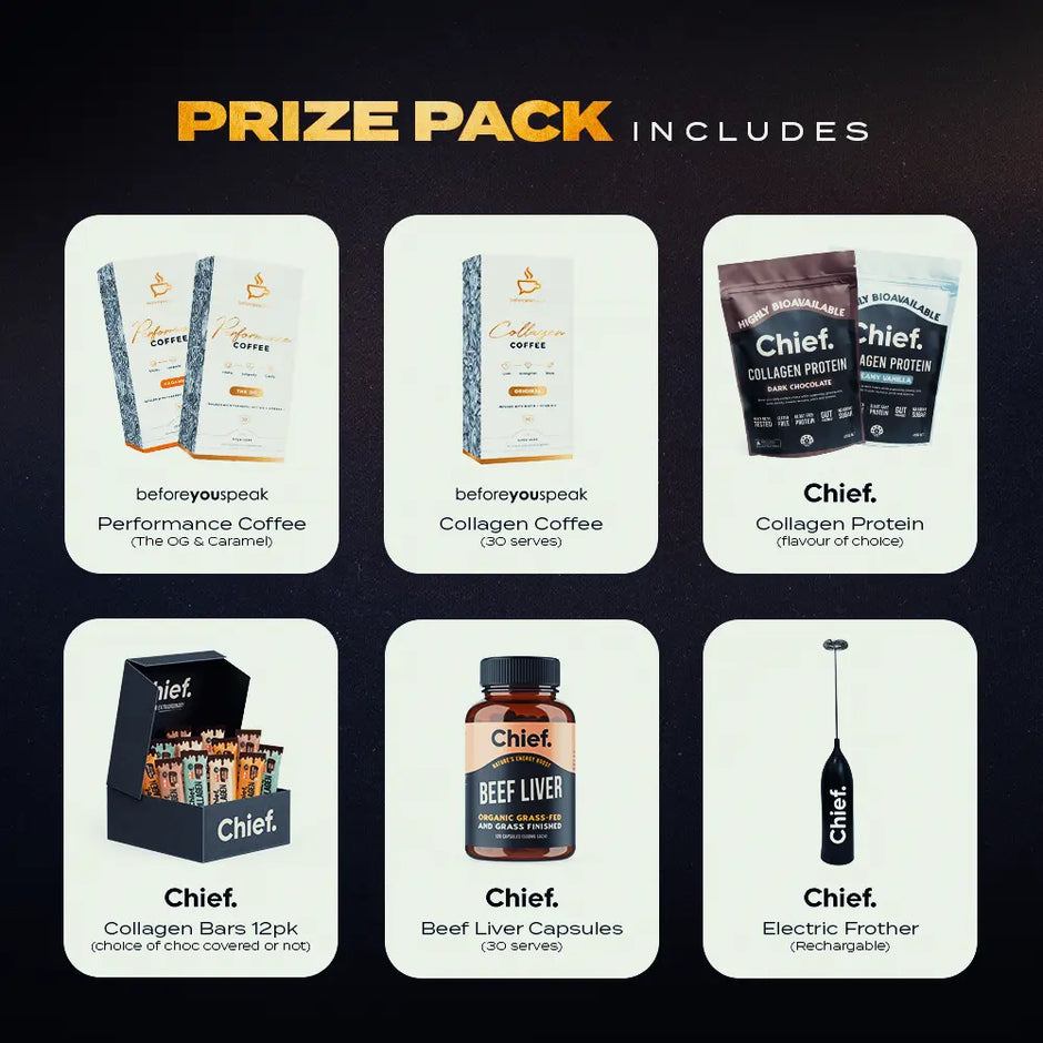 Prize pack includes a selection of Beforeyouspeak and Chief Nutrition products