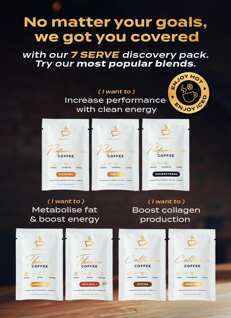 No matter your goals we've got you covered, an image showing all 7 top selling blends with an overview of benefits.