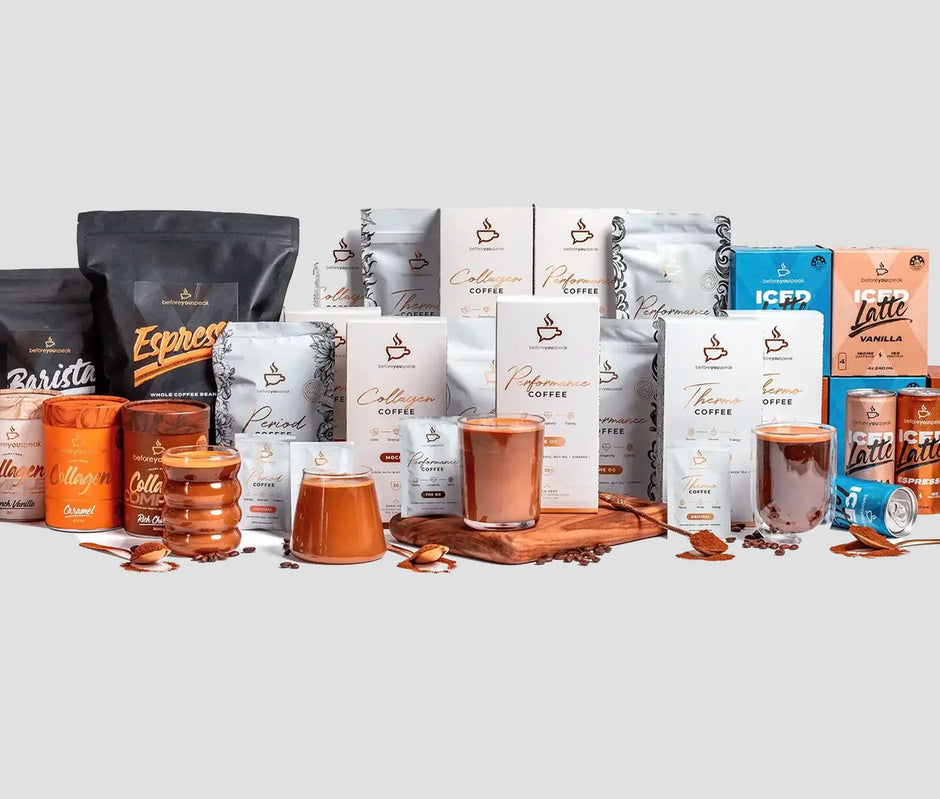 Assorted coffee packages and cups on a white background